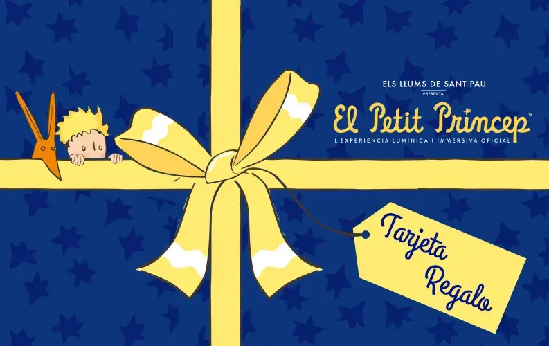Tarjeta regalo de El Principito: un paquete azul de estrellas con un lazo amarillo y el Principito asomando